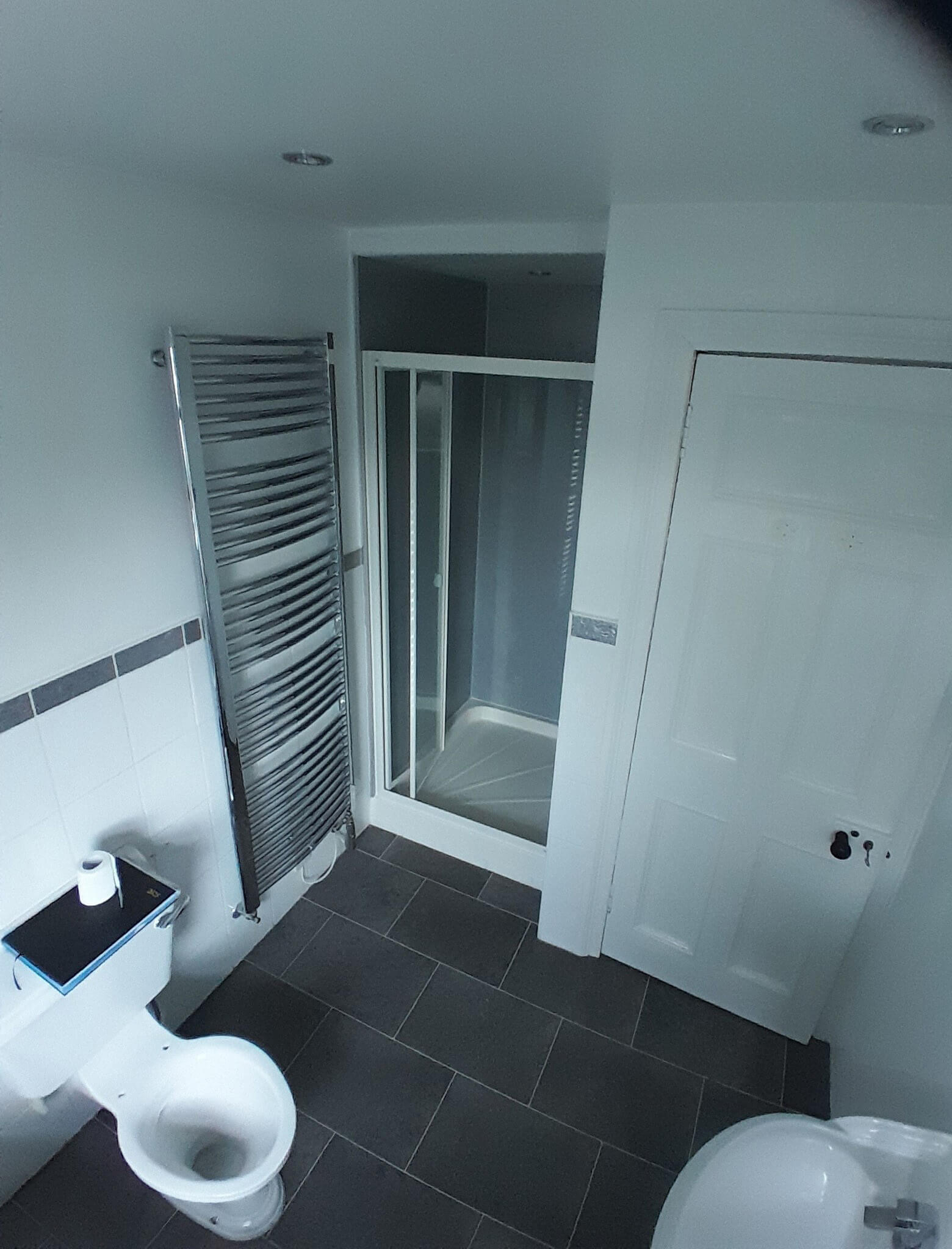 Bathroom before renovation showing chrome towel rail, walk-in shower cubicle and dark slate floor tiles